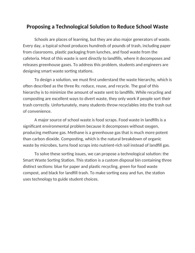 Proposing a Technological Solution to Reduce School Waste Reading Worksheet sample page