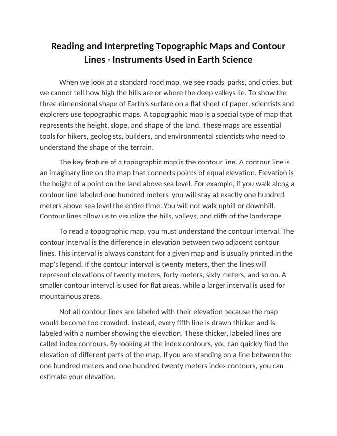 Reading and Interpreting Topographic Maps and Contour Lines Reading Worksheet sample page