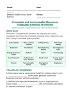 Renewable & Nonrenewable Resources Fill-in-the-Blank Vocabulary Worksheet sample page