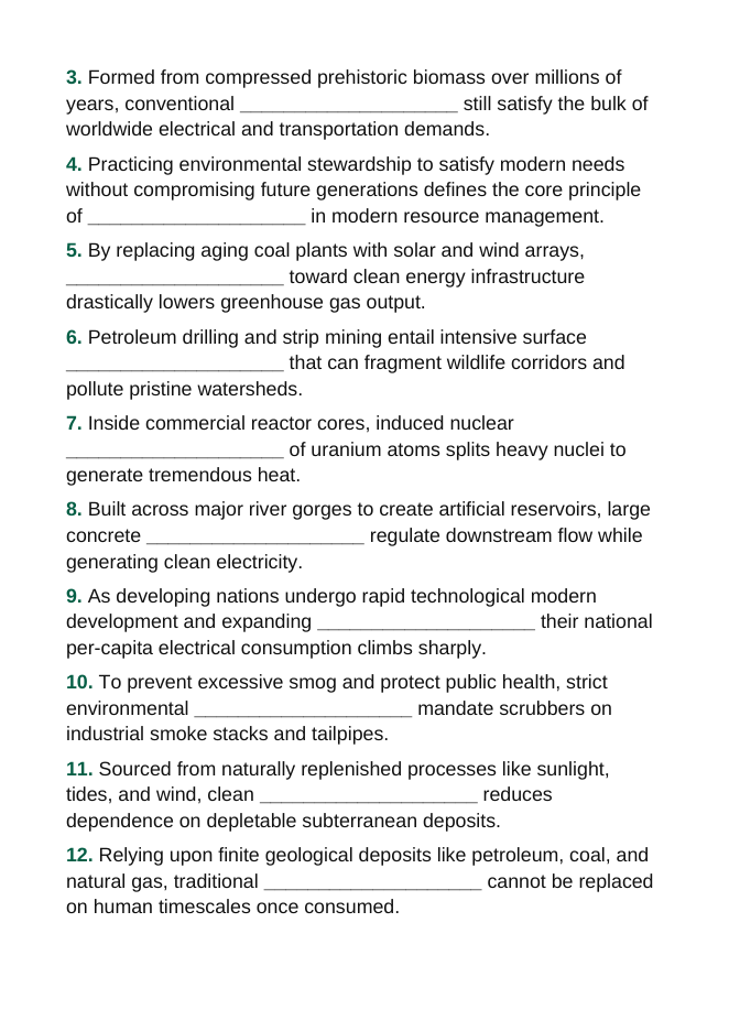 Renewable & Nonrenewable Resources Fill-in-the-Blank Vocabulary Worksheet sample page