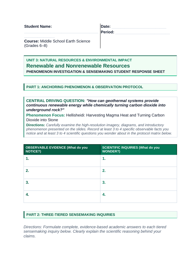 Renewable & Nonrenewable Resources Phenomena-Based Lesson: Hellisheidi: Harvesting Magma Heat and Turning Carbon Dioxide into Stone Student Response Sheet sample page