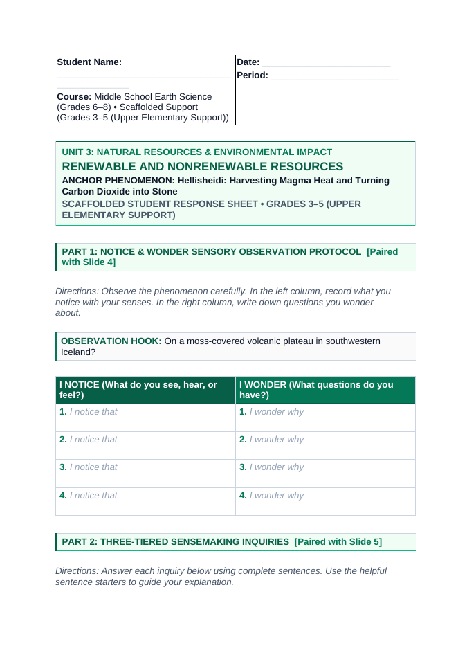 Renewable & Nonrenewable Resources Scaffolded Phenomena-Based Lesson: Hellisheidi: Harvesting Magma Heat and Turning Carbon Dioxide into Stone Student Response Sheet sample page