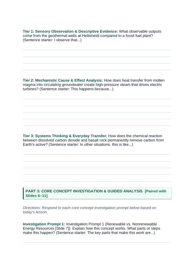Renewable & Nonrenewable Resources Scaffolded Phenomena-Based Lesson: Hellisheidi: Harvesting Magma Heat and Turning Carbon Dioxide into Stone Student Response Sheet sample page