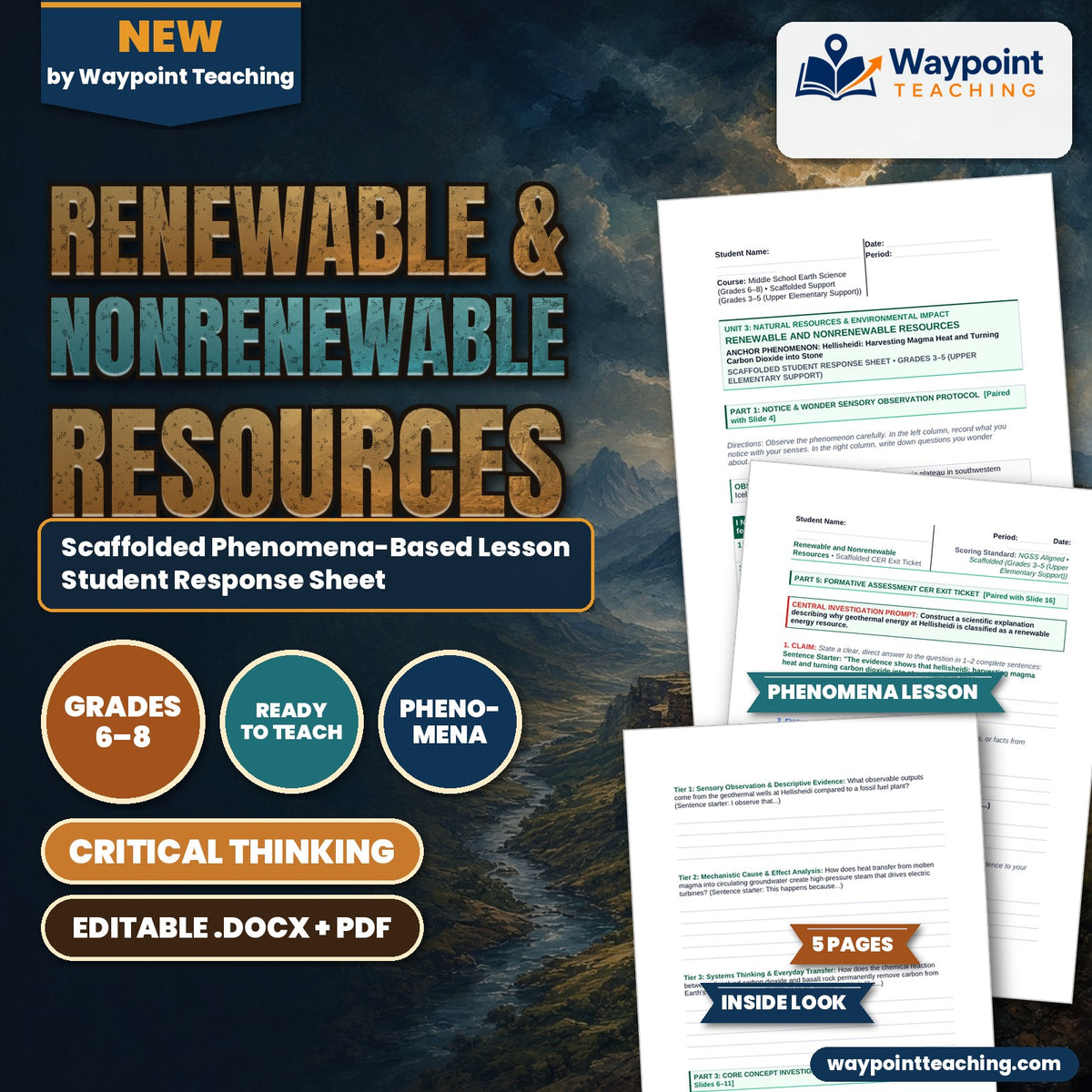 Renewable & Nonrenewable Resources Scaffolded Phenomena-Based Lesson: Hellisheidi: Harvesting Magma Heat and Turning Carbon Dioxide into Stone Student Response Sheet cover