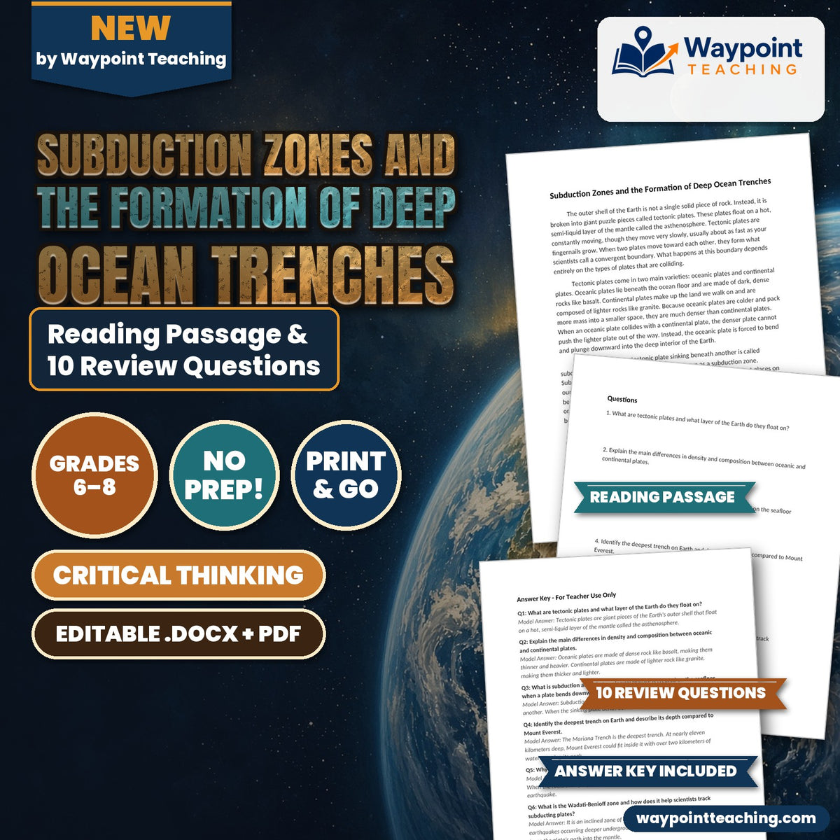 Subduction Zones and the Formation of Deep Ocean Trenches Reading Worksheet cover
