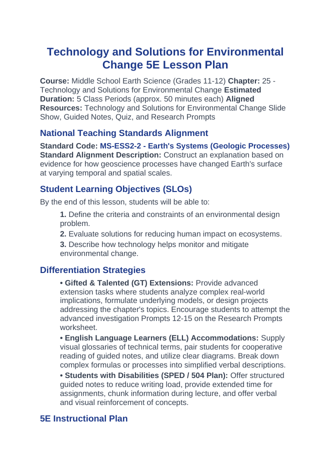 Technology for Environmental Change 5E Lesson Plan sample page