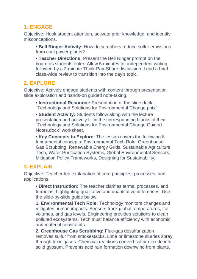 Technology for Environmental Change 5E Lesson Plan sample page