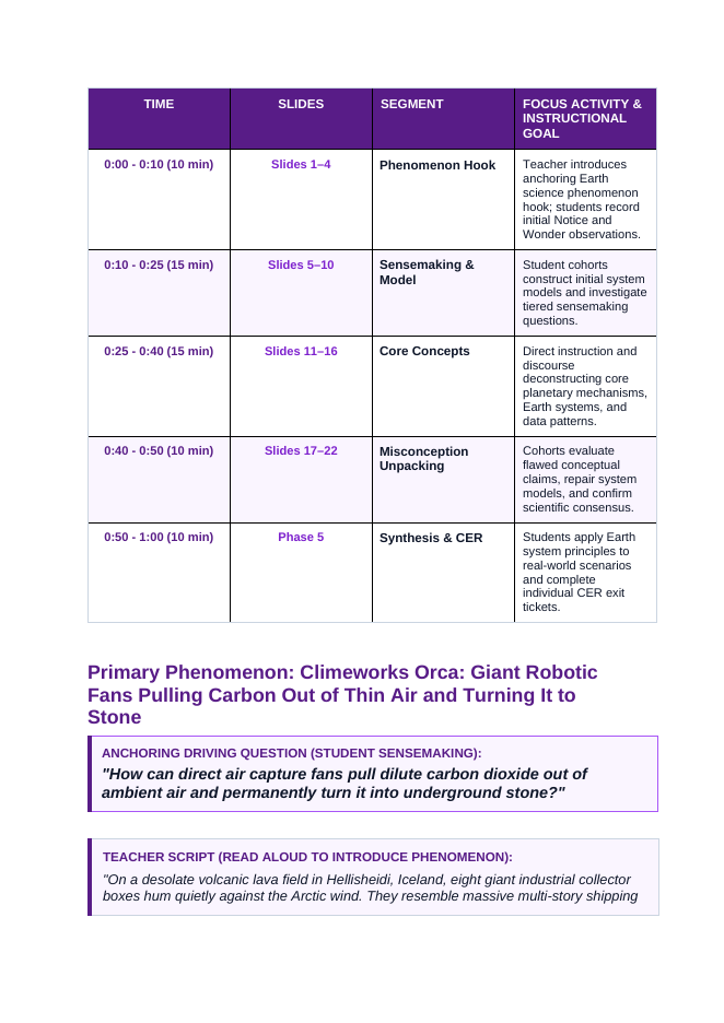Technology for Environmental Change Phenomena-Based Lesson: Climeworks Orca: Giant Robotic Fans Pulling Carbon Out of Thin Air and Turning It to Stone Teacher Discussion Guide sample page