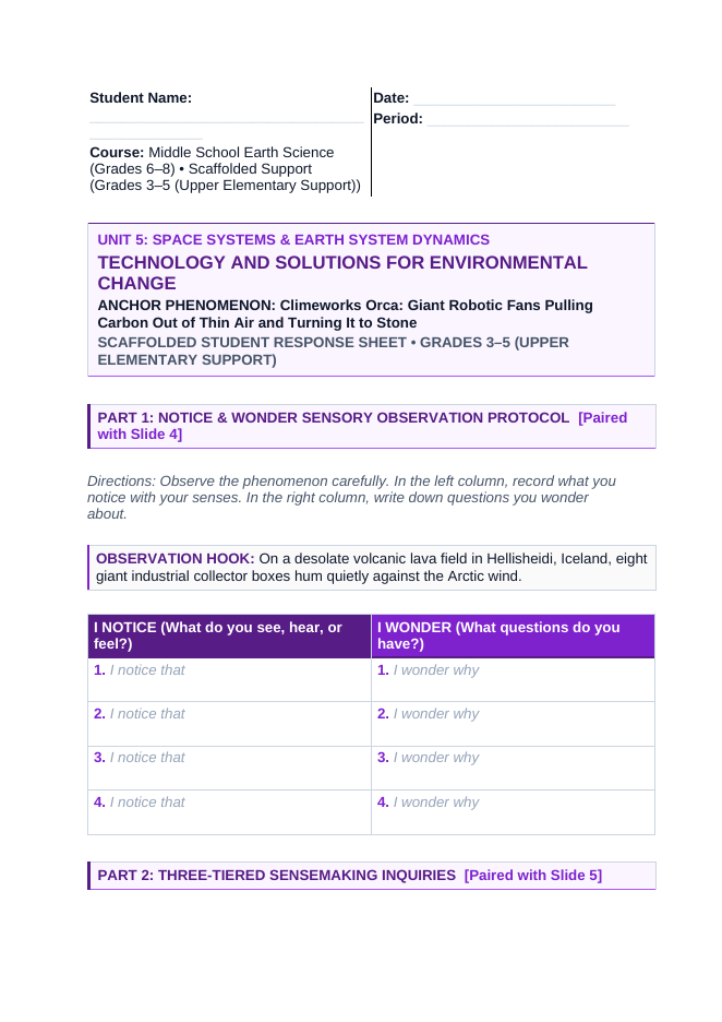 Technology for Environmental Change Scaffolded Phenomena-Based Lesson: Climeworks Orca: Giant Robotic Fans Pulling Carbon Out of Thin Air and Turning It to Stone Student Response Sheet sample page