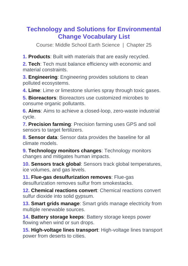 Technology for Environmental Change Vocabulary Words & Definitions sample page