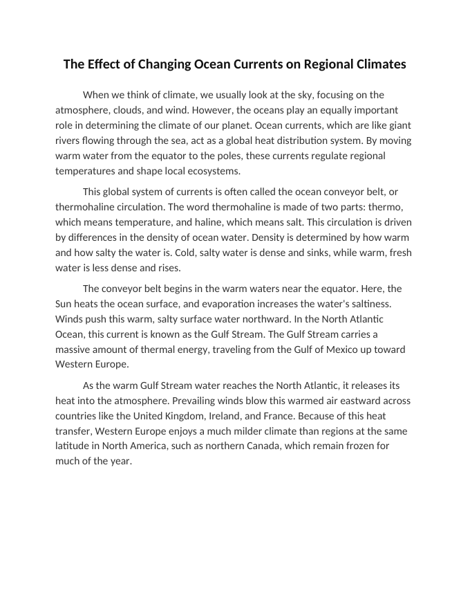 The Effect of Changing Ocean Currents on Regional Climates Reading Worksheet sample page