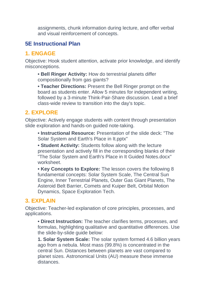 The Solar System 5E Lesson Plan sample page