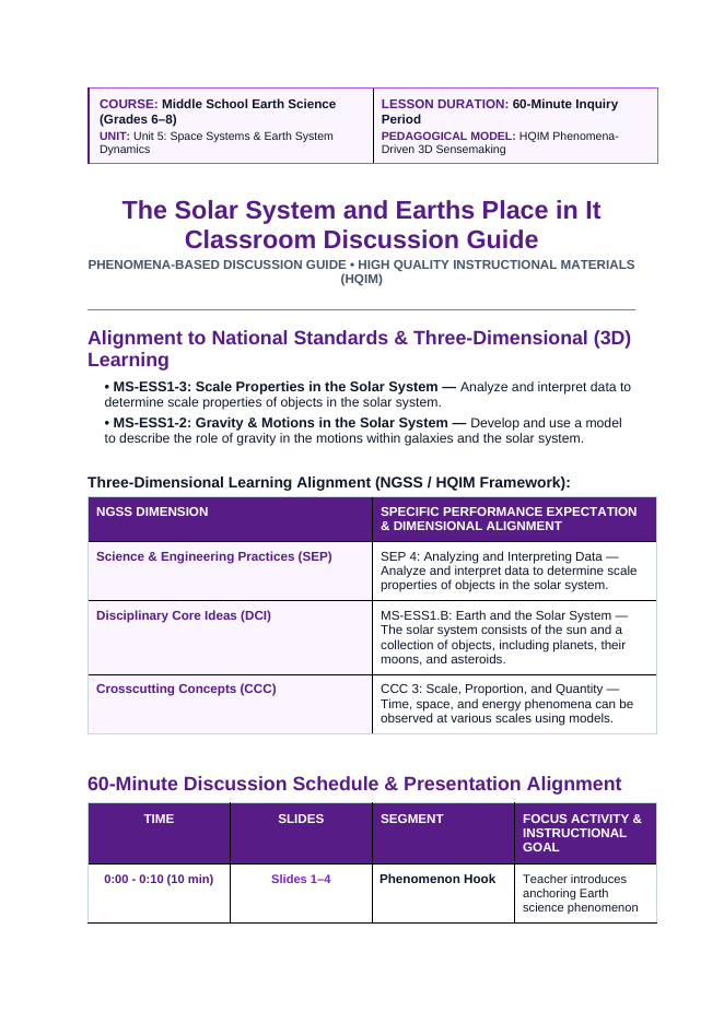 The Solar System Phenomena-Based Lesson: The Pale Blue Dot: Earth as a Solitary Sunlit Pixel Across 3.7 Billion Miles Teacher Discussion Guide sample page