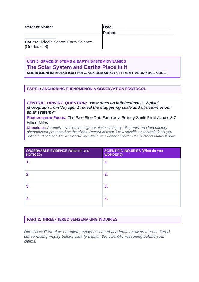 The Solar System Phenomena-Based Lesson: The Pale Blue Dot: Earth as a Solitary Sunlit Pixel Across 3.7 Billion Miles Student Response Sheet sample page
