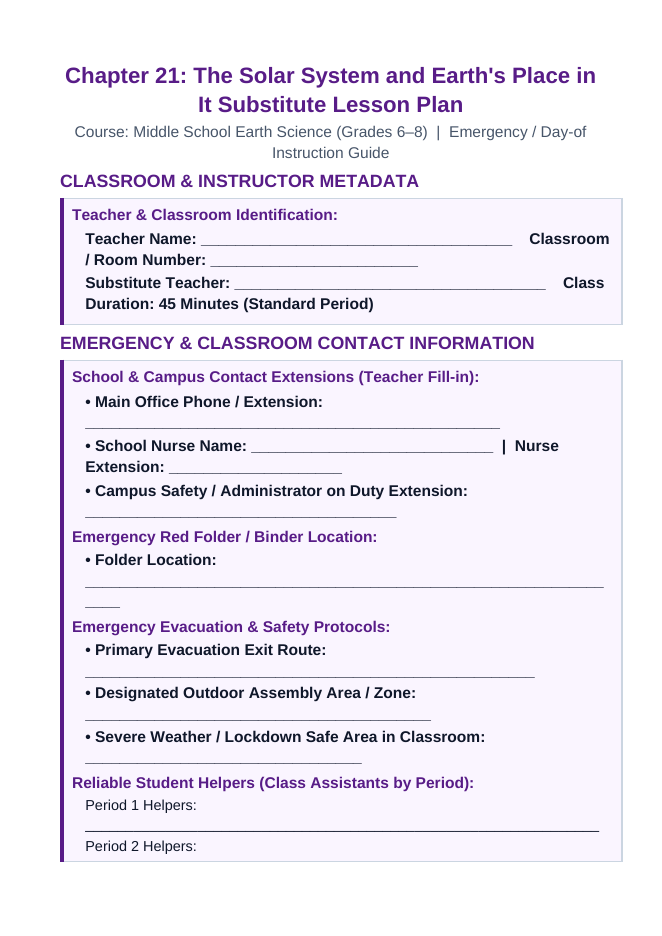 The Solar System Substitute Lesson Plan sample page