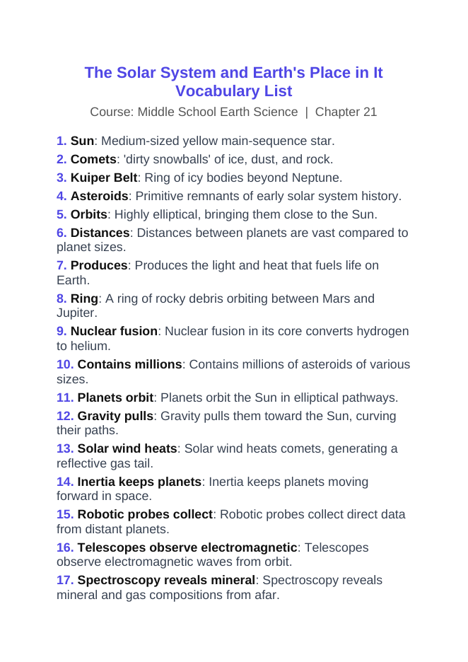 The Solar System Vocabulary Words & Definitions sample page