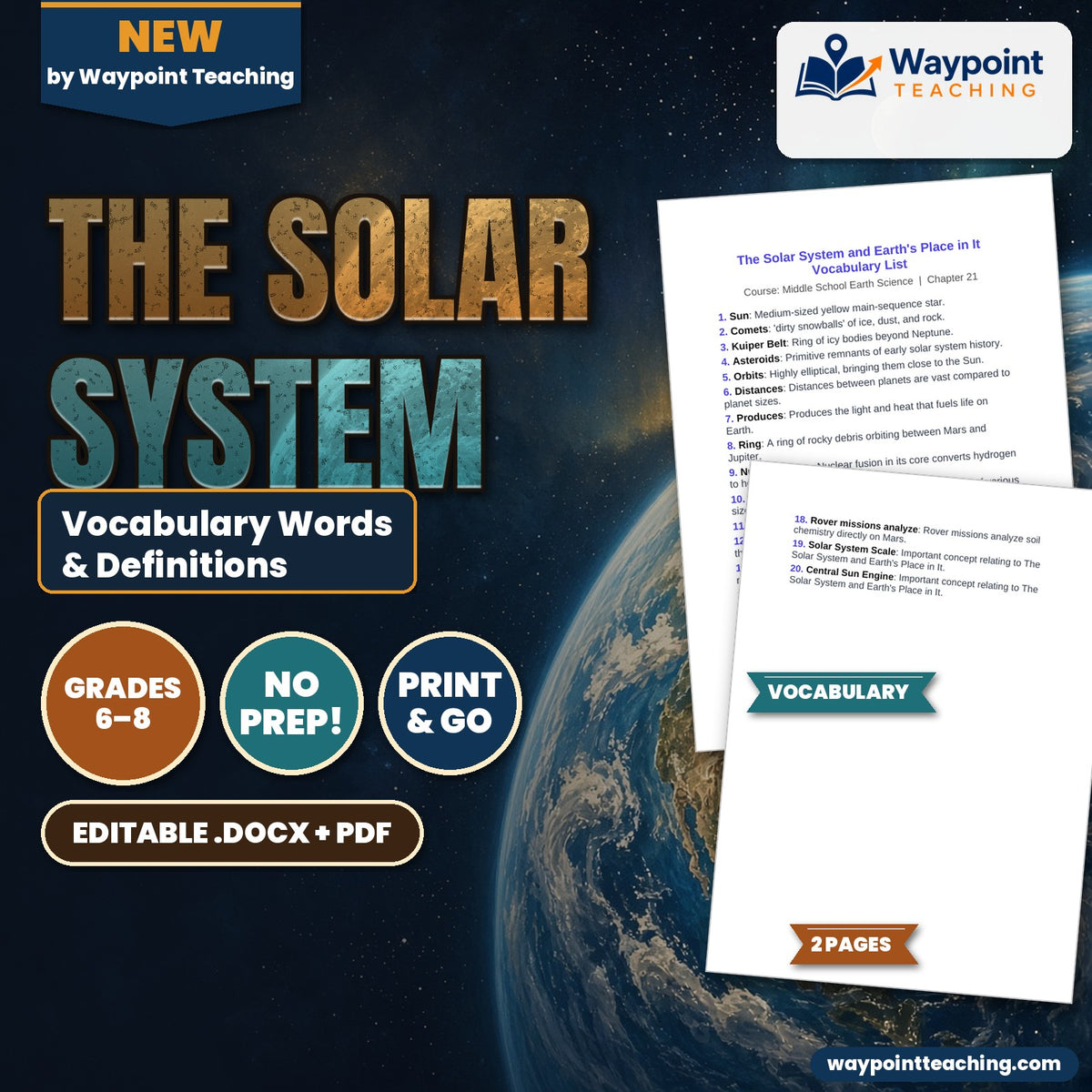 The Solar System Vocabulary Words & Definitions cover