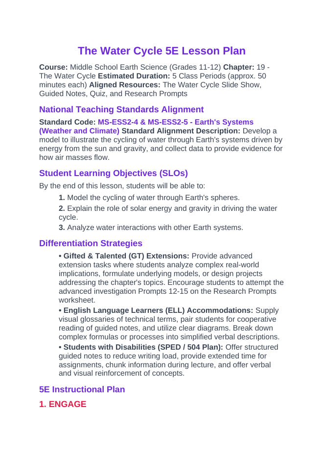 The Water Cycle 5E Lesson Plan sample page