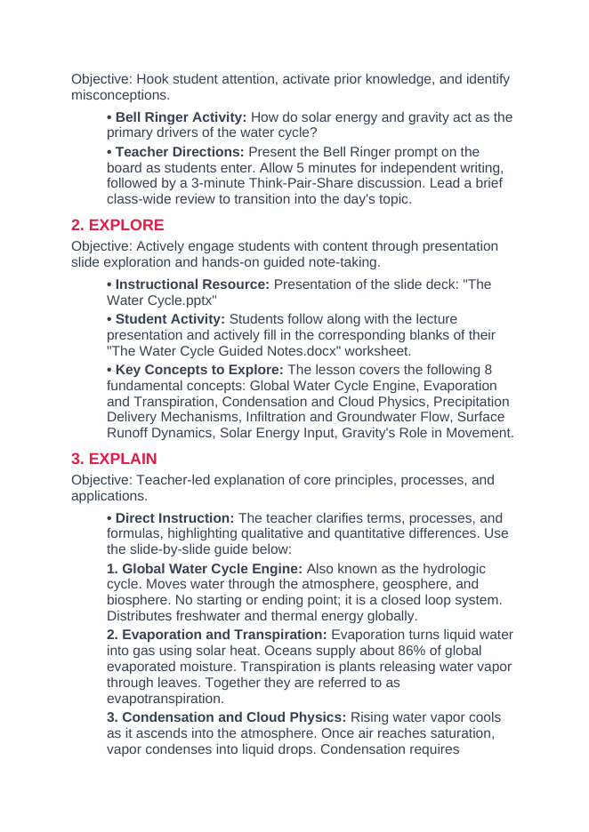 The Water Cycle 5E Lesson Plan sample page