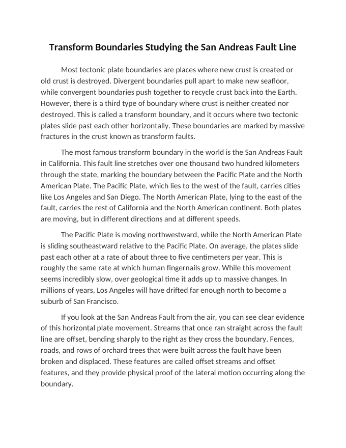 Transform Boundaries Studying the San Andreas Fault Line Reading Worksheet sample page