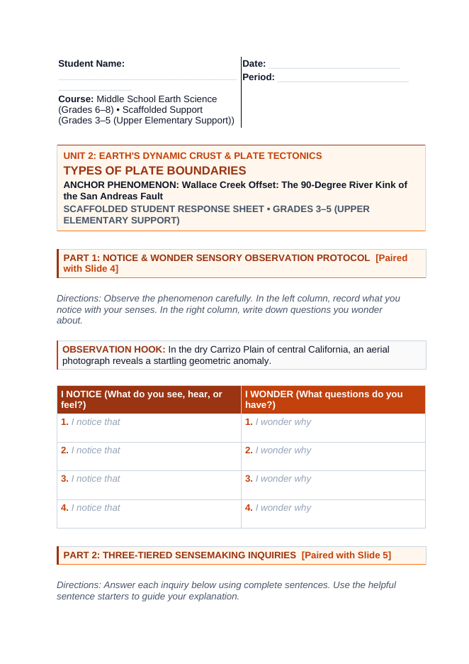 Types of Plate Boundaries Scaffolded Phenomena-Based Lesson: Wallace Creek Offset: The 90-Degree River Kink of the San Andreas Fault Student Response Sheet sample page