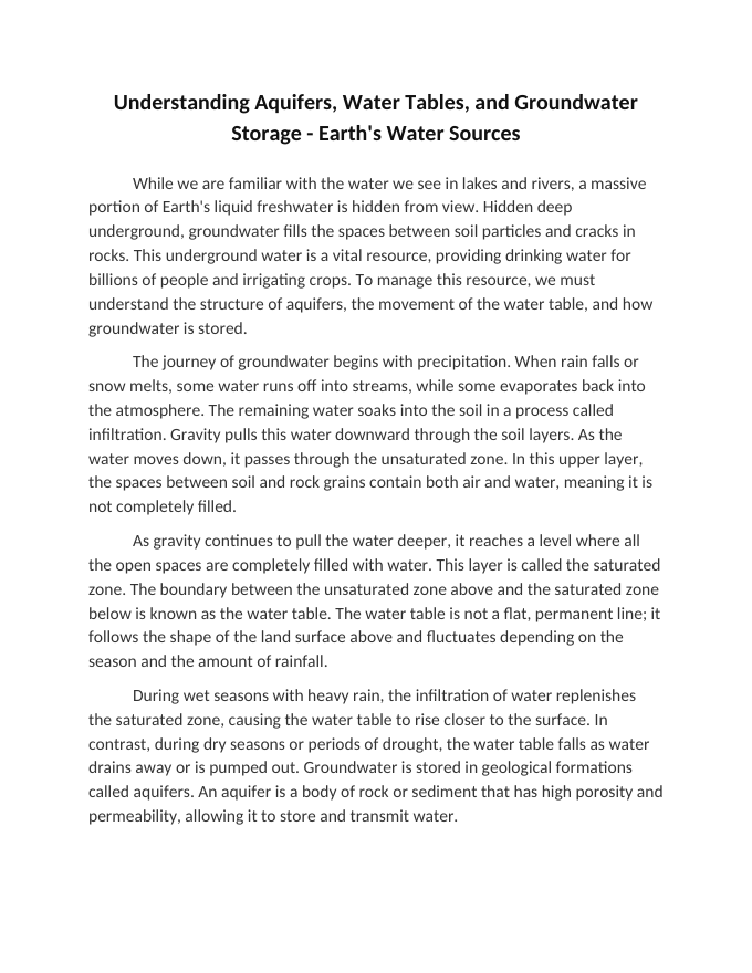 Understanding Aquifers, Water Tables, and Groundwater Storage Reading Worksheet sample page