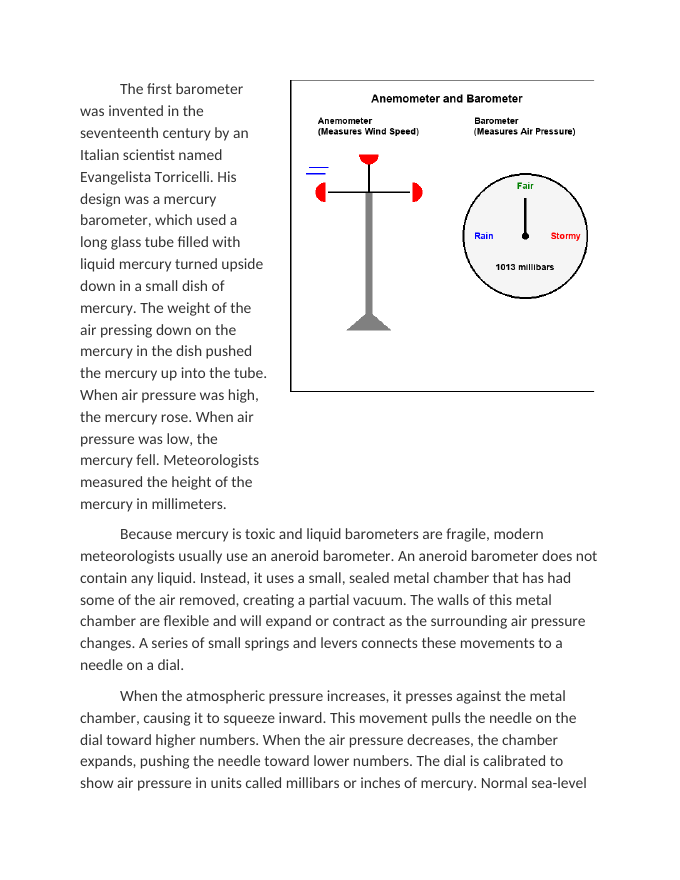 Using Anemometers and Barometers to Measure Weather Variables Reading Worksheet sample page