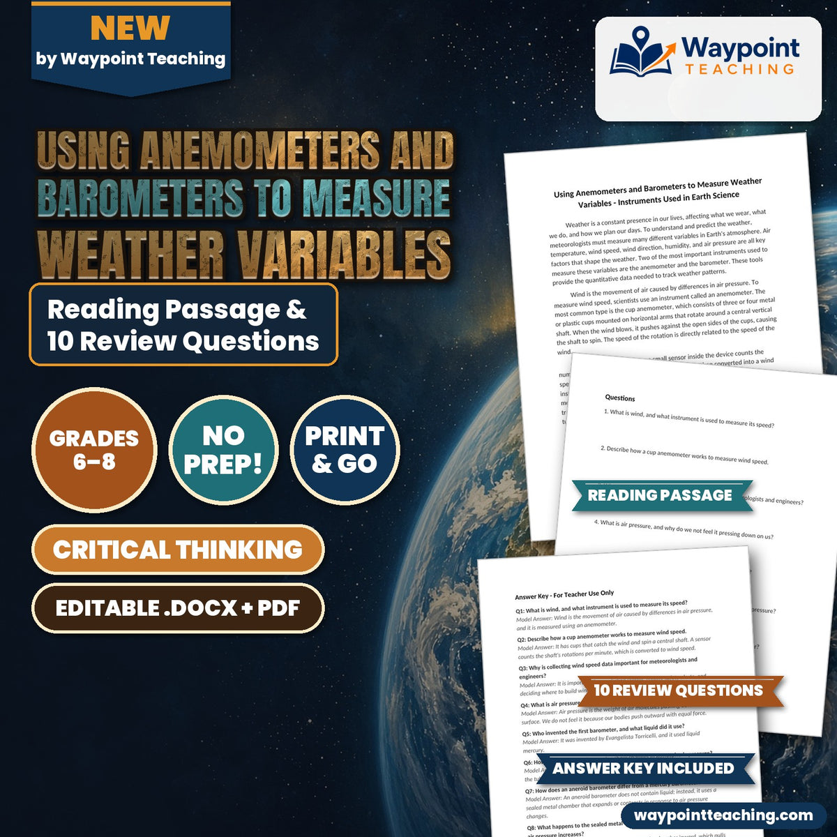 Using Anemometers and Barometers to Measure Weather Variables Reading Worksheet cover