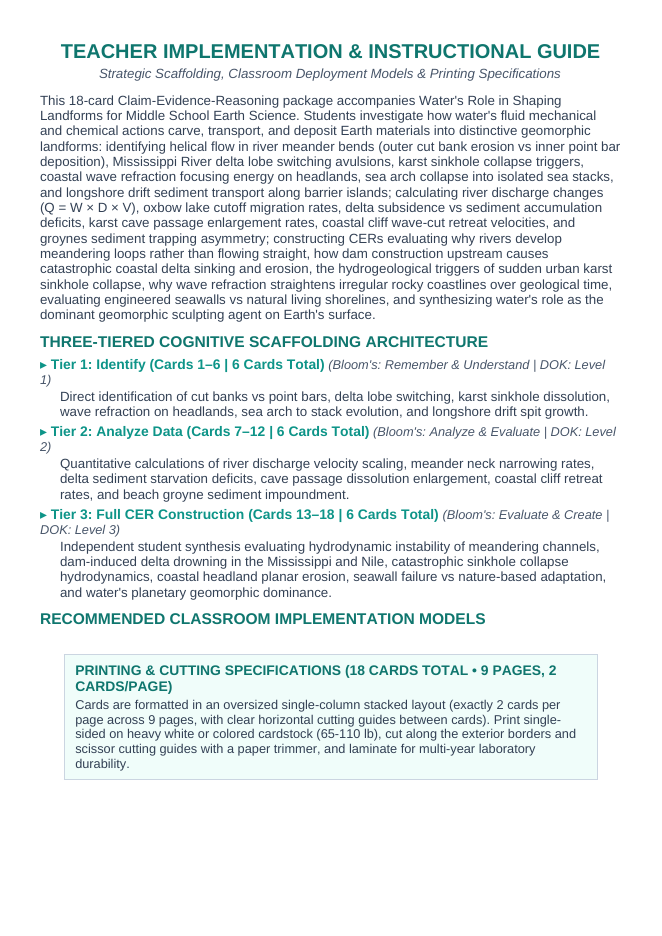 Water's Role in Shaping Landforms CER Task Cards sample page