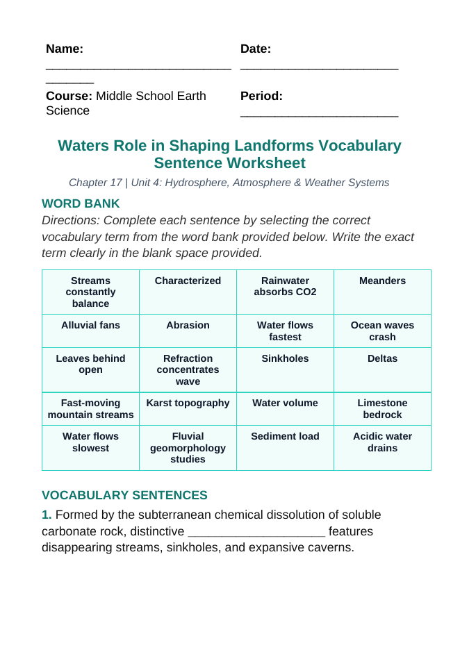 Water's Role in Shaping Landforms Fill-in-the-Blank Vocabulary Worksheet sample page