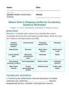 Water's Role in Shaping Landforms Fill-in-the-Blank Vocabulary Worksheet sample page