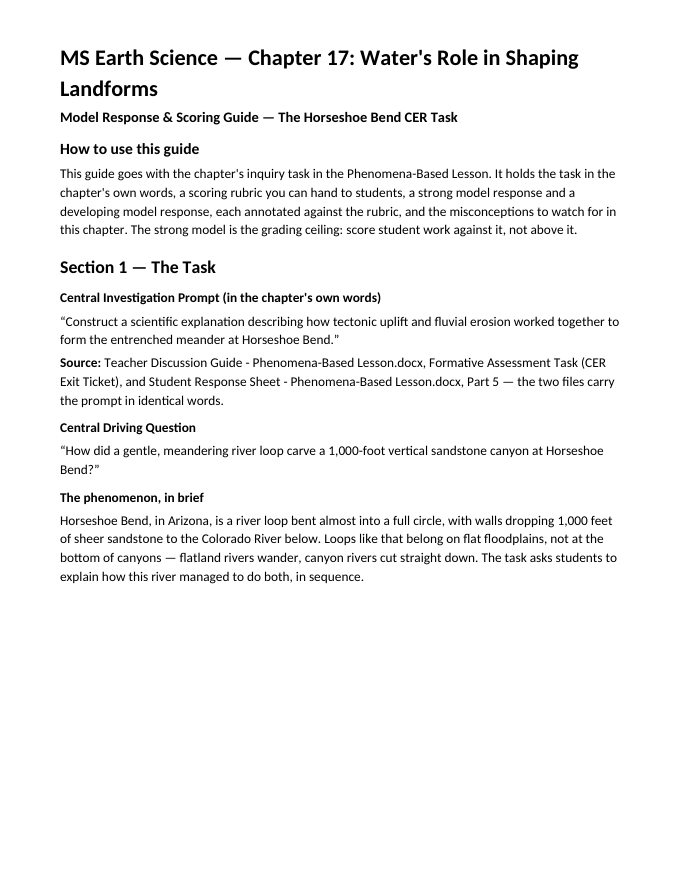 Water's Role in Shaping Landforms Model Response & Scoring Guide sample page
