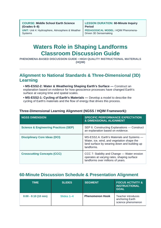 Water's Role in Shaping Landforms Phenomena-Based Lesson: Horseshoe Bend: How a Gentle Meandering River Carved a 1,000-Foot Canyon Teacher Discussion Guide sample page