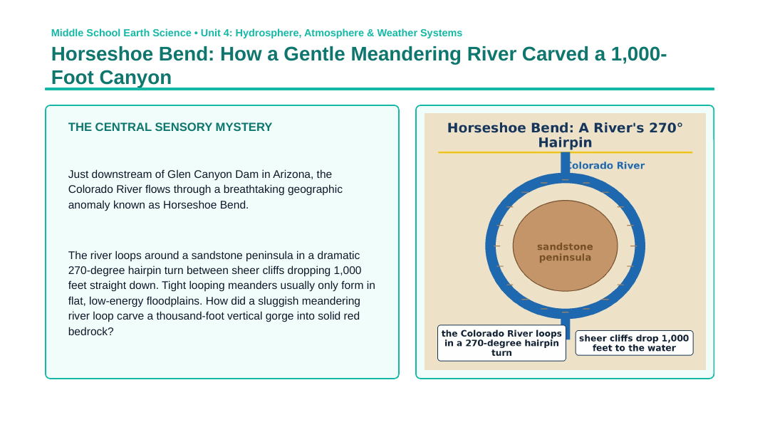 Water's Role in Shaping Landforms Phenomena-Based Lesson: Horseshoe Bend: How a Gentle Meandering River Carved a 1,000-Foot Canyon Presentation sample page