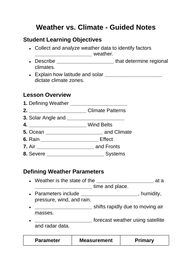 Weather vs. Climate Guided Notes sample page