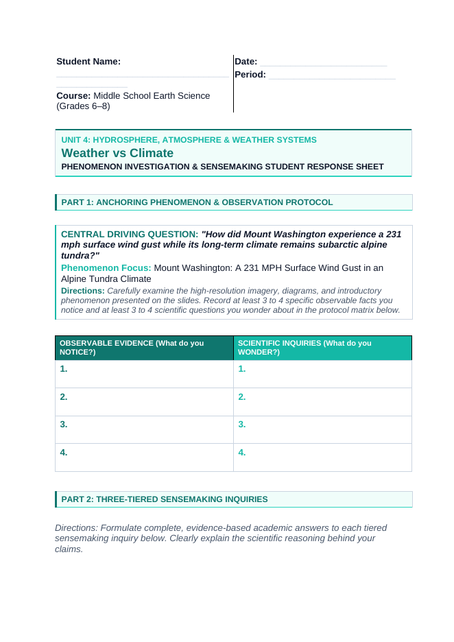 Weather vs. Climate Phenomena-Based Lesson: Mount Washington: A 231 MPH Surface Wind Gust in an Alpine Tundra Climate Student Response Sheet sample page