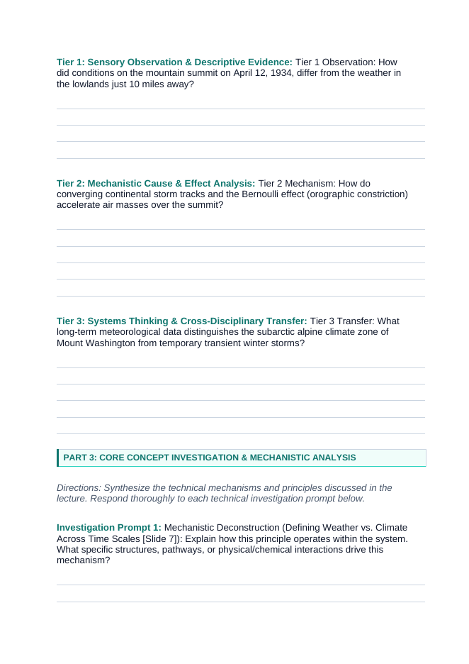 Weather vs. Climate Phenomena-Based Lesson: Mount Washington: A 231 MPH Surface Wind Gust in an Alpine Tundra Climate Student Response Sheet sample page