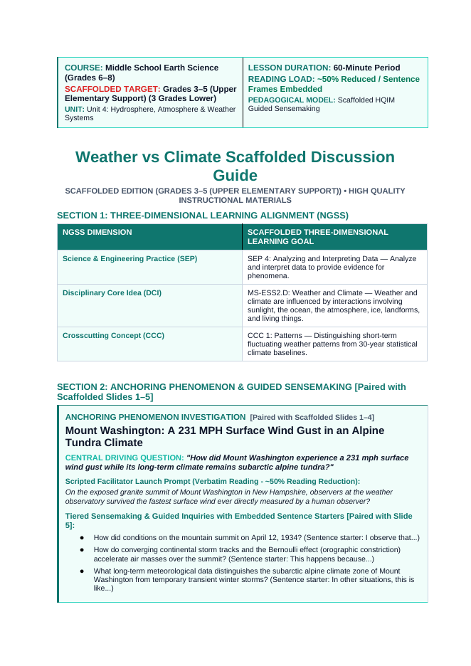 Weather vs. Climate Scaffolded Phenomena-Based Lesson: Mount Washington: A 231 MPH Surface Wind Gust in an Alpine Tundra Climate Teacher Discussion Guide sample page