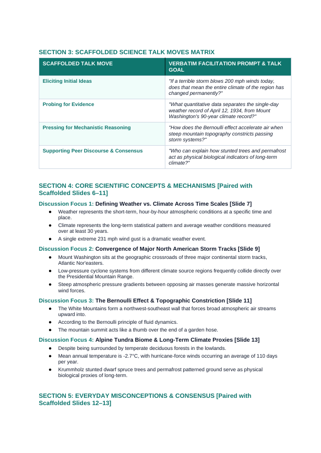 Weather vs. Climate Scaffolded Phenomena-Based Lesson: Mount Washington: A 231 MPH Surface Wind Gust in an Alpine Tundra Climate Teacher Discussion Guide sample page