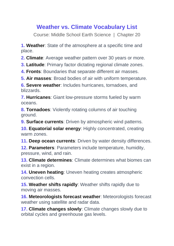 Weather vs. Climate Vocabulary Words & Definitions sample page
