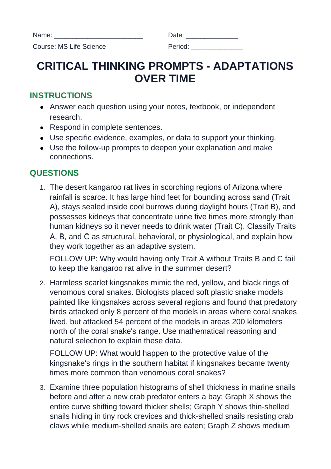 Adaptations Over Time Critical Thinking Prompts sample page