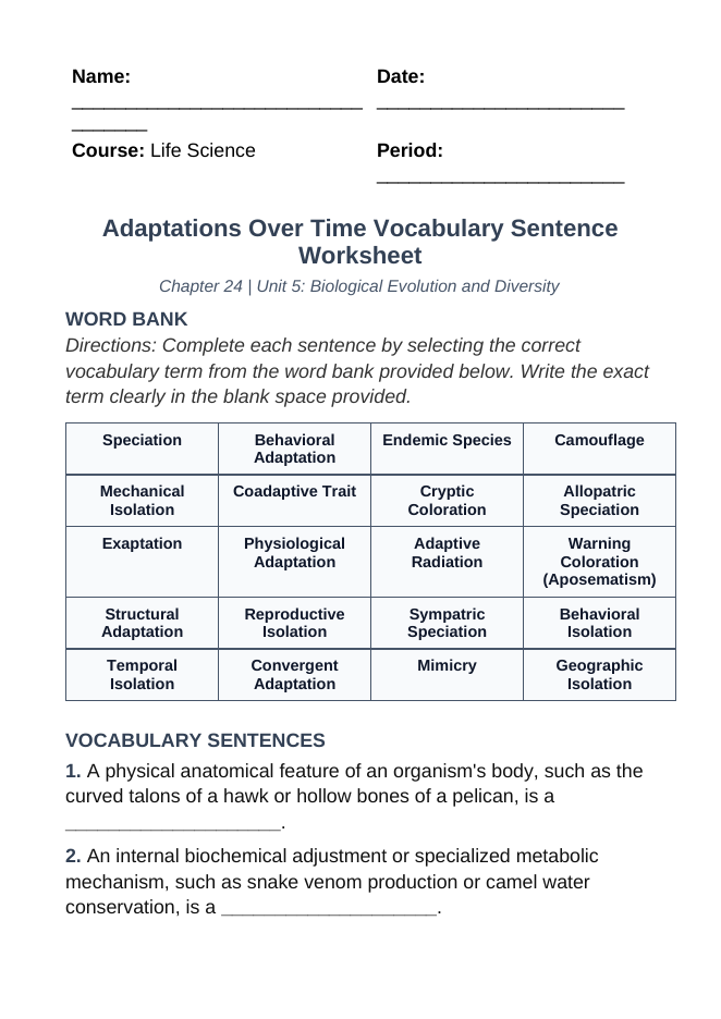 Adaptations Over Time Fill-in-the-Blank Vocabulary Worksheet sample page