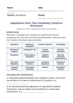 Adaptations Over Time Fill-in-the-Blank Vocabulary Worksheet sample page