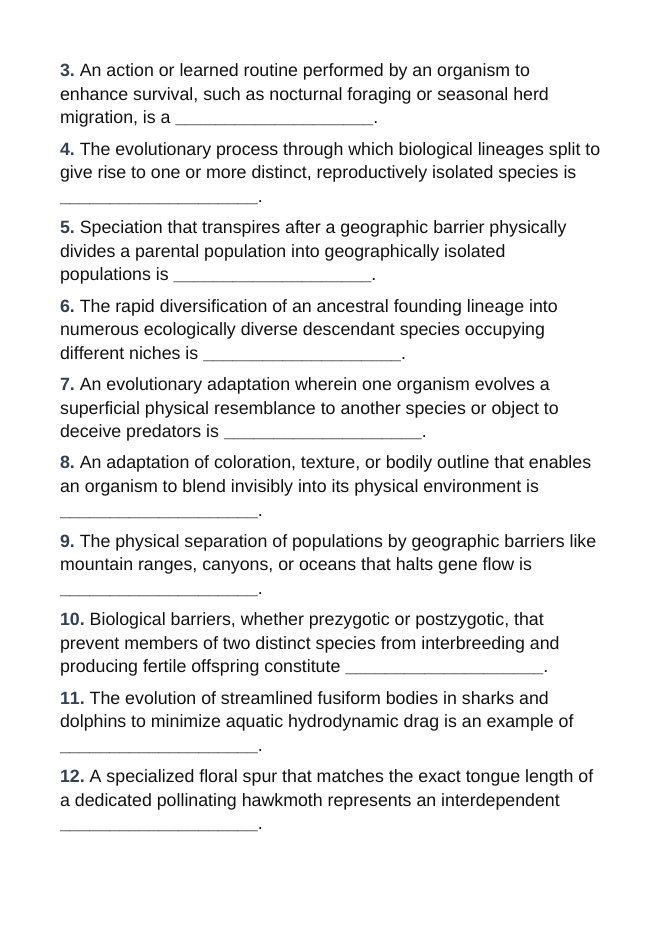 Adaptations Over Time Fill-in-the-Blank Vocabulary Worksheet sample page