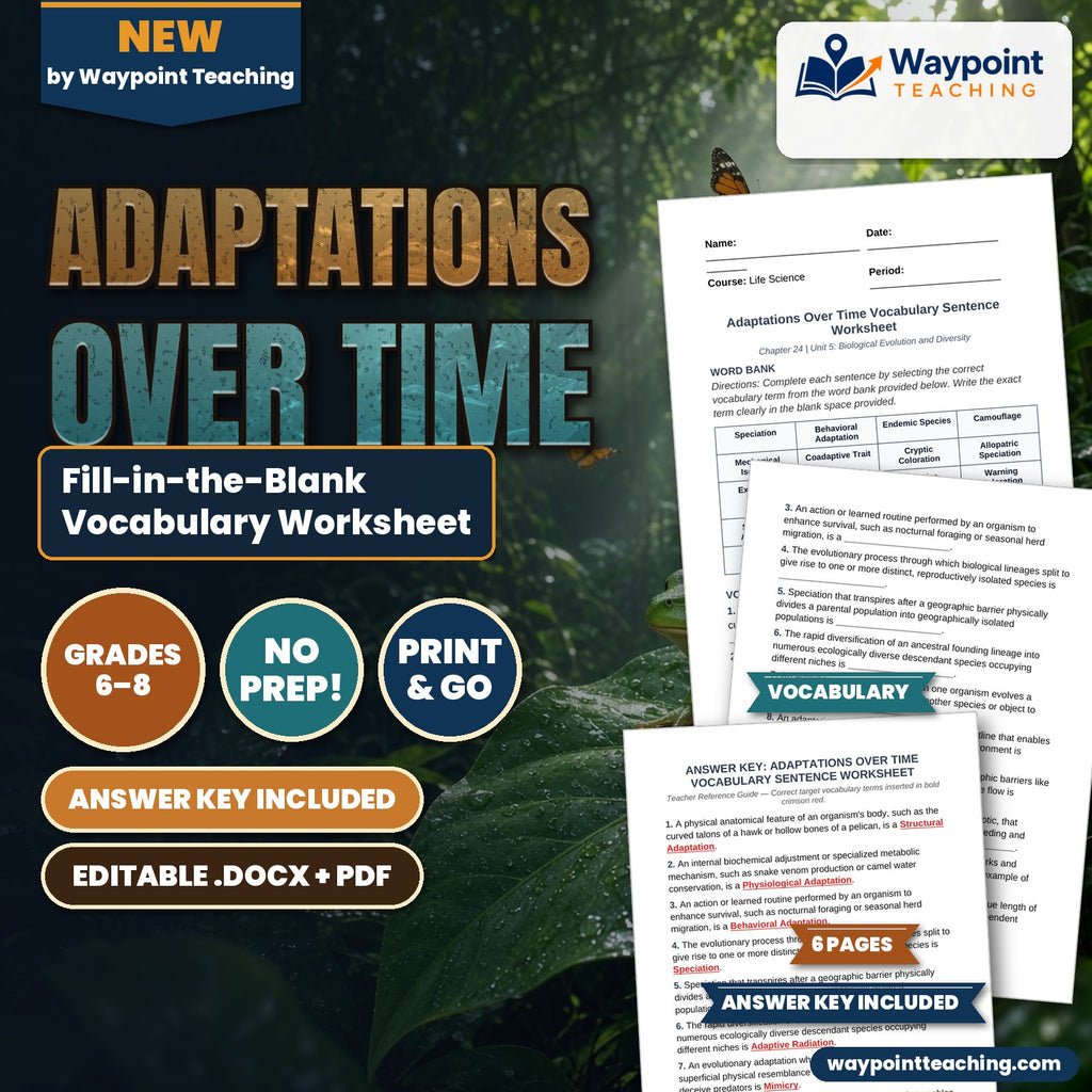 Adaptations Over Time Fill-in-the-Blank Vocabulary Worksheet cover