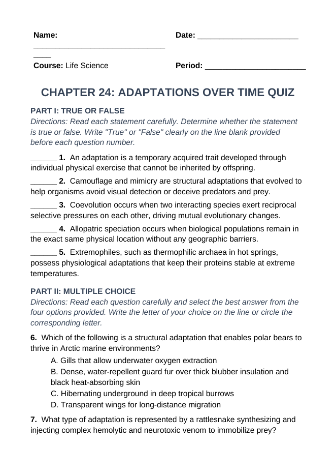 Adaptations Over Time Lesson Quiz sample page