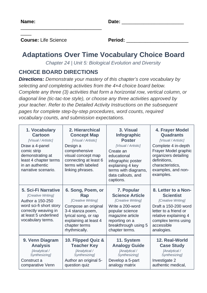 Adaptations Over Time Vocabulary Choice Board sample page