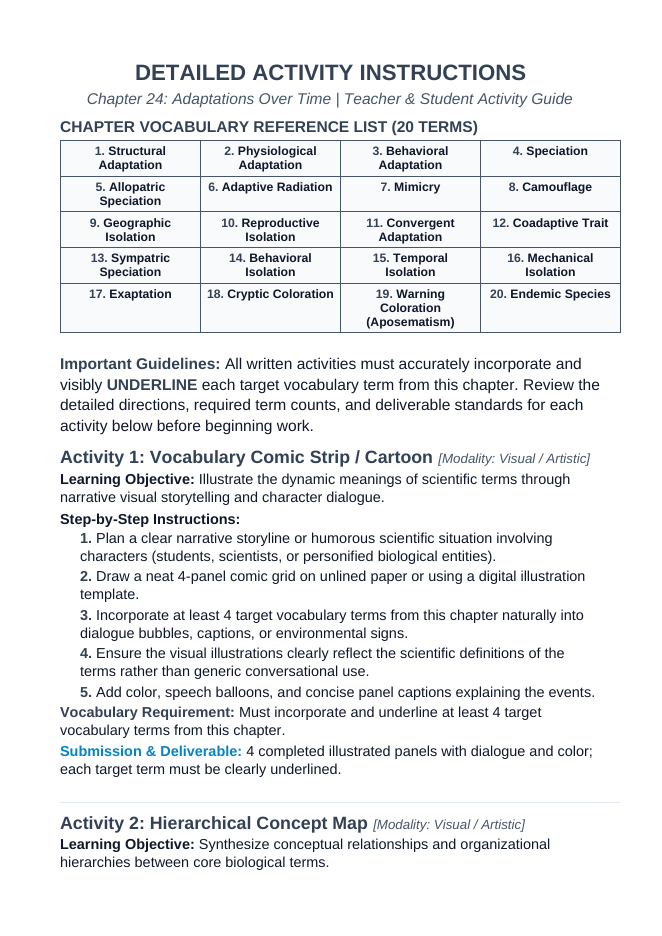 Adaptations Over Time Vocabulary Choice Board sample page