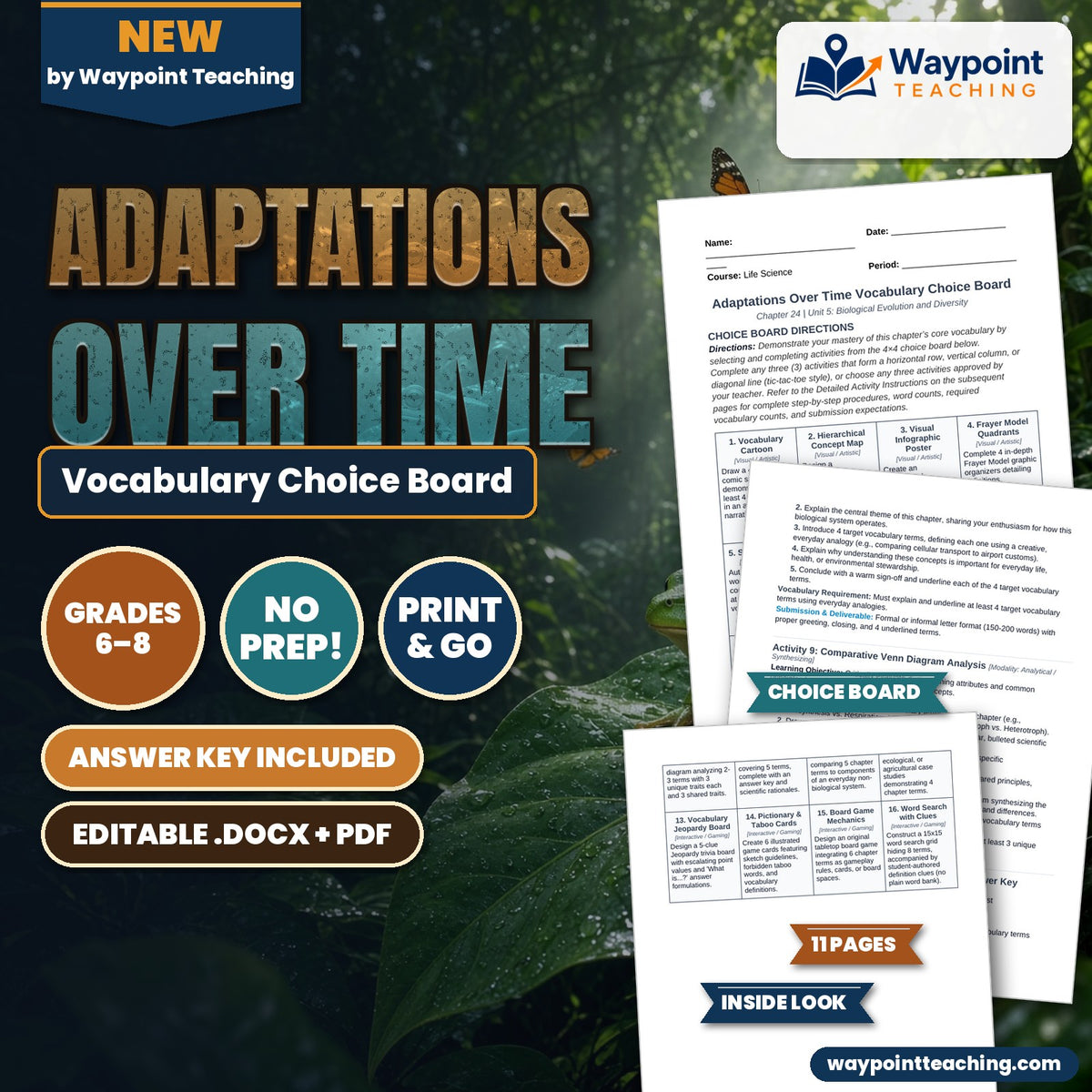 Adaptations Over Time Vocabulary Choice Board cover
