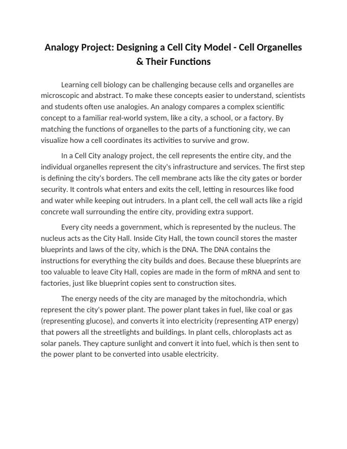 Analogy Project: Designing a Cell City Model Reading Worksheet sample page